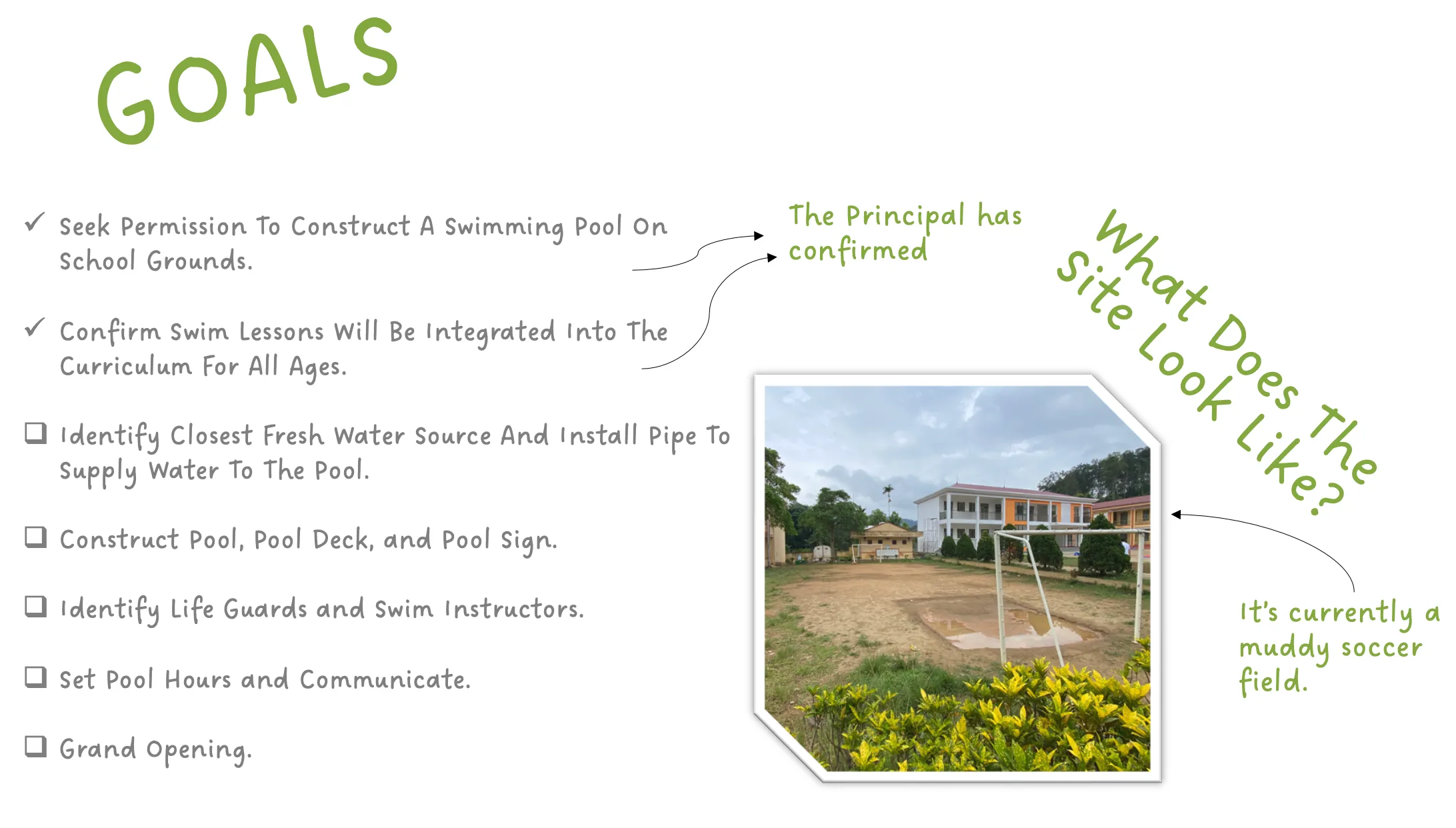 Goals: seek permission to build a pool on school grounds (done, the principal has confirmed); confirm swim lessons will be part of the curriculum for all ages (done); identify the closest fresh water source and pipe it to the pool; construct the pool, deck and sign; identify lifeguards and swim instructors; set and communicate pool hours; grand opening. The site is currently a muddy soccer field.